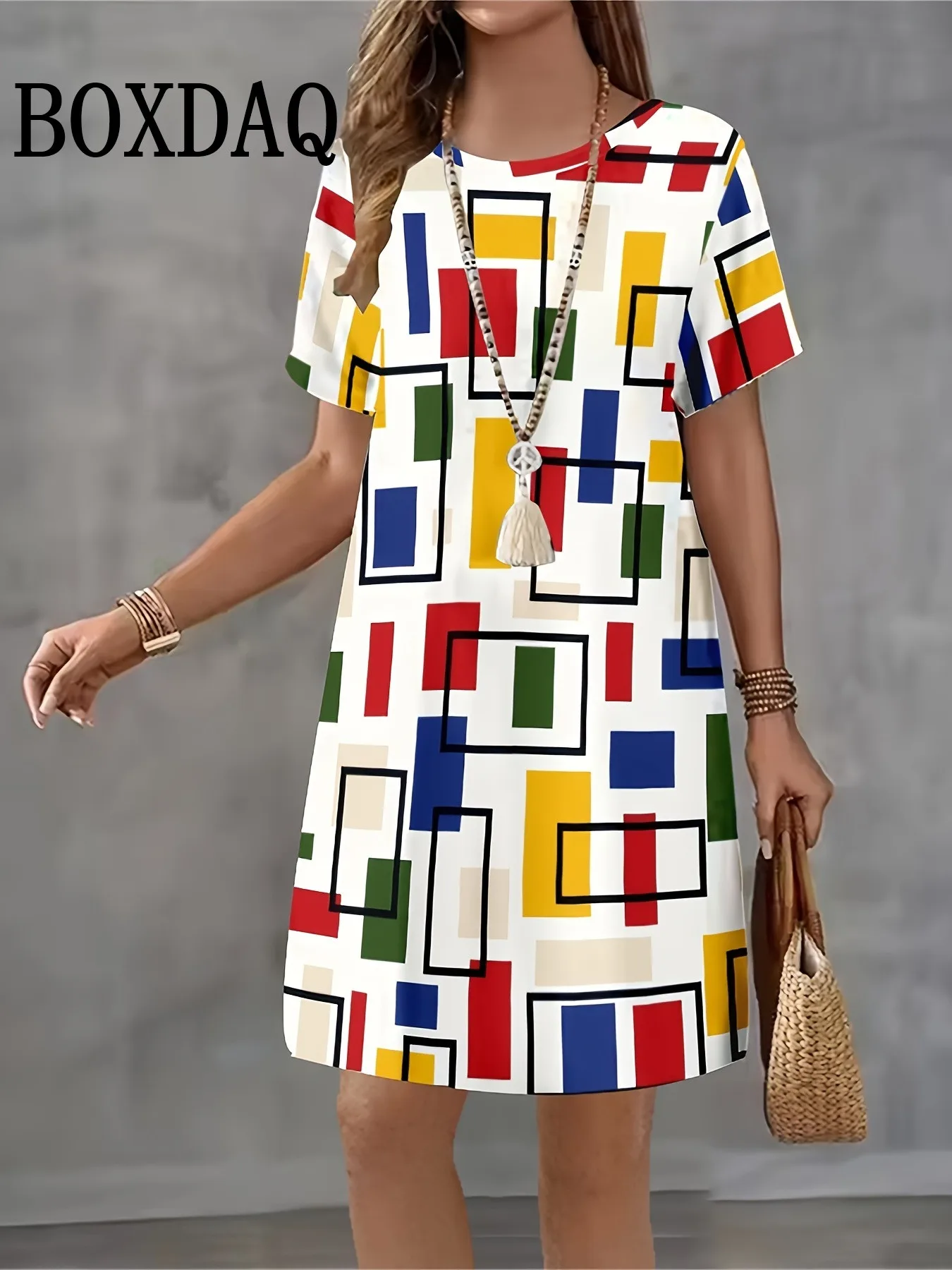 

Платье с 3D принтом и геометрическим узором для женщин, новинка 2023 года, модная летняя одежда, свободное повседневное платье трапециевидной формы с коротким рукавом и круглым вырезом