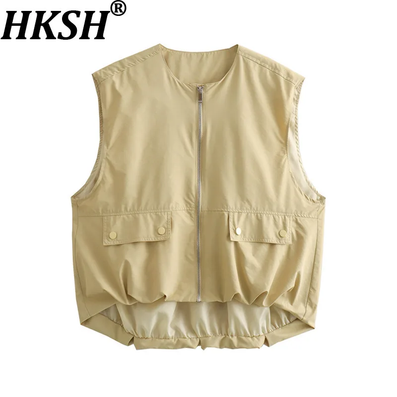 

HKSH Spring Autumn New Women Waistcoat O-neck Zipper Pockets Pleated Korean Casual Vest Sleeveless Fashion Versatile Top HK12476
