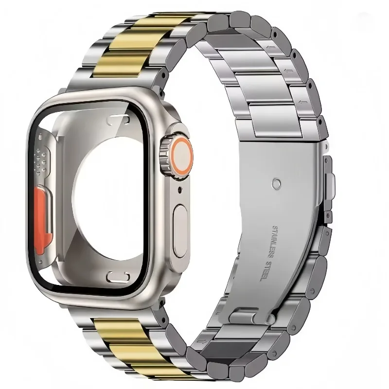 Change to Ultra Case+Band For Apple Watch 40mm 41mm 44 45mm Luxury Stainless Steel Strap for iWatch Series 9 8 7 6 SE 5 4