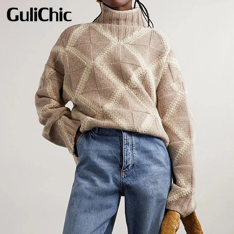 8.3 GuliChic High Qaulity 100% Cashmere Turtleneck Contrast Color Argyle Vintage Fashion Loose Comfortable Knit Sweater Women