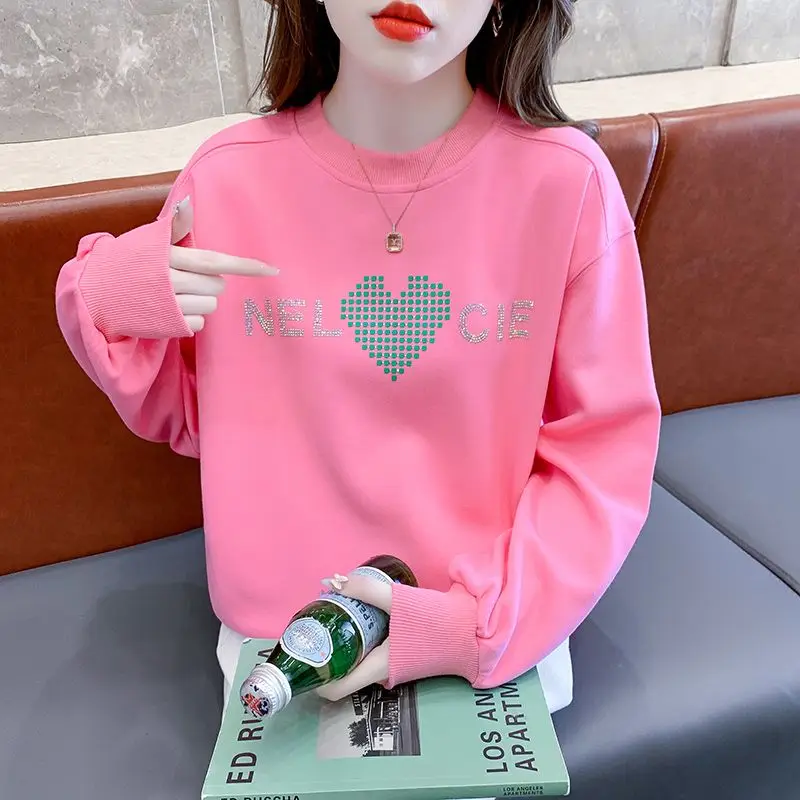 Women\'s Clothing Spring Autumn Round Neck Pullover Lantern Long Sleeve Geometric Rhinestone Casual Loose Screw Thread Tops