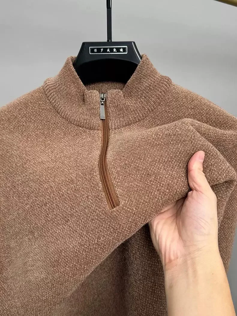 Mode luxe rits semi-hoge hals herentrui nieuwe effen kleur herfst winter pluche dikker comfort casual gebreide trui