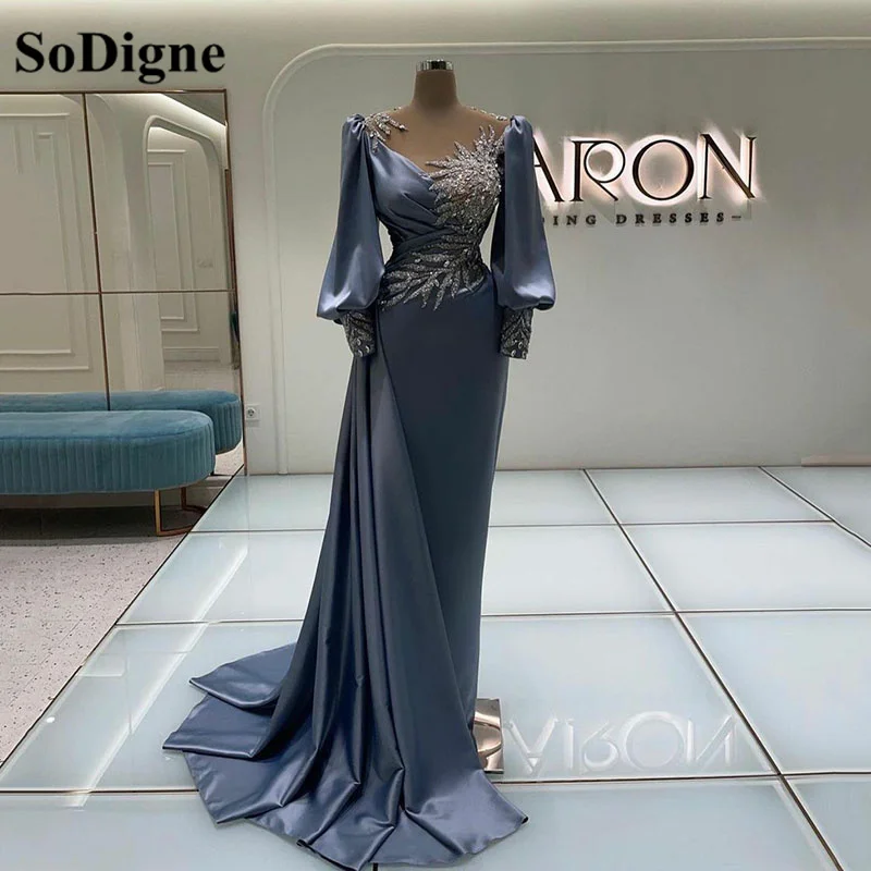 SoDigne Long Sleeves Evening Dress Sparkly Lace Sequined Mermaid Long Special Occasion Party Prom Dress Gown Vestidos Customized