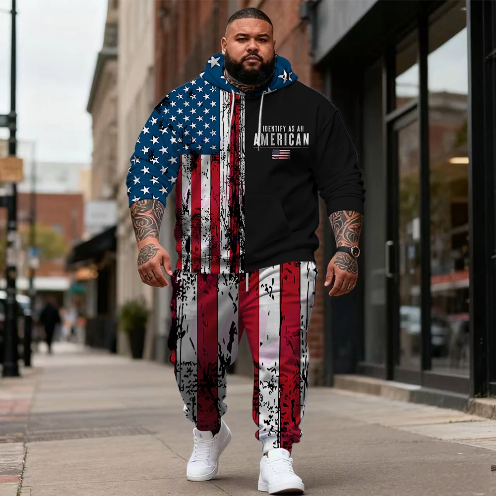 

S-9xl plus size Big & Tall Hoodie Set with US Flag - 2-Piece Street Vibe, Breathable Material, Sleek Flag Prints