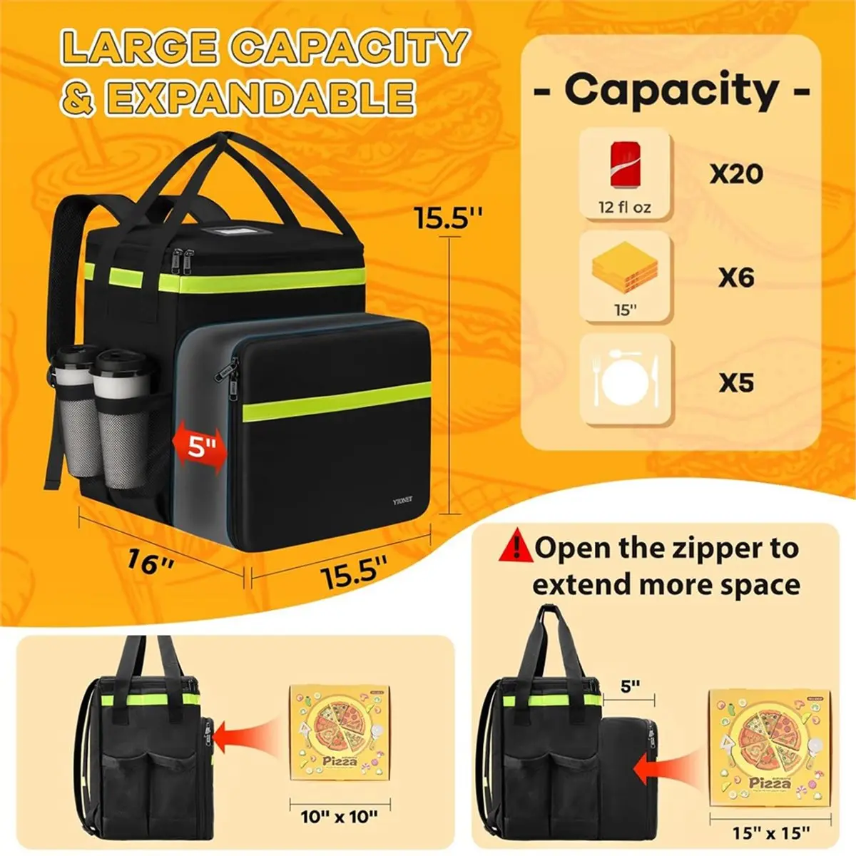 FTGT NEW Food Delivery Backpack with 7 Cup Holders, Expandable Delivery Bag for Hot/Cold Food with Reflective Strip