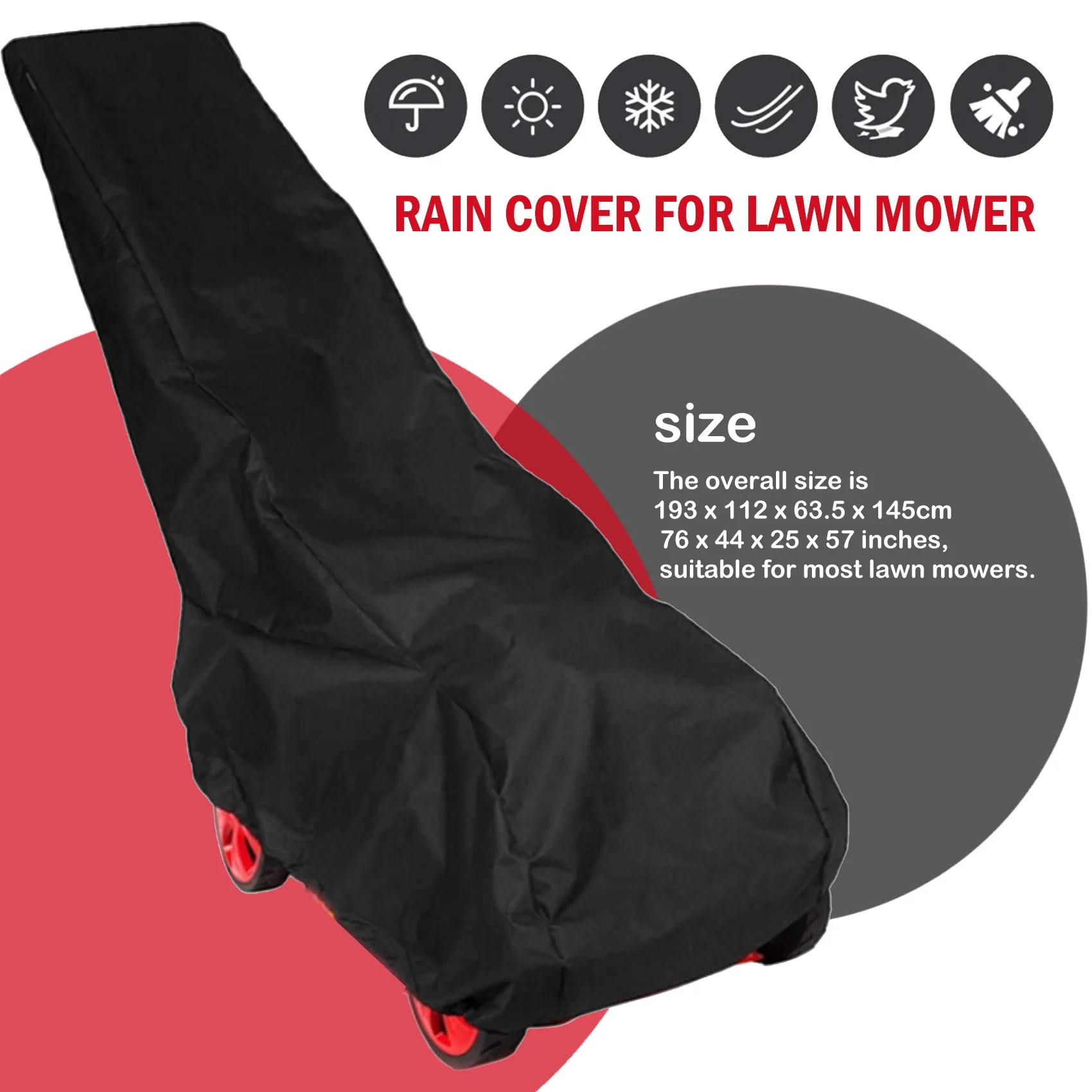 F-T 193X63.5X112cm Black Universal Waterproof Lawn Mower Rain Cover Garden Overall Size Drawstring Weather Protection
