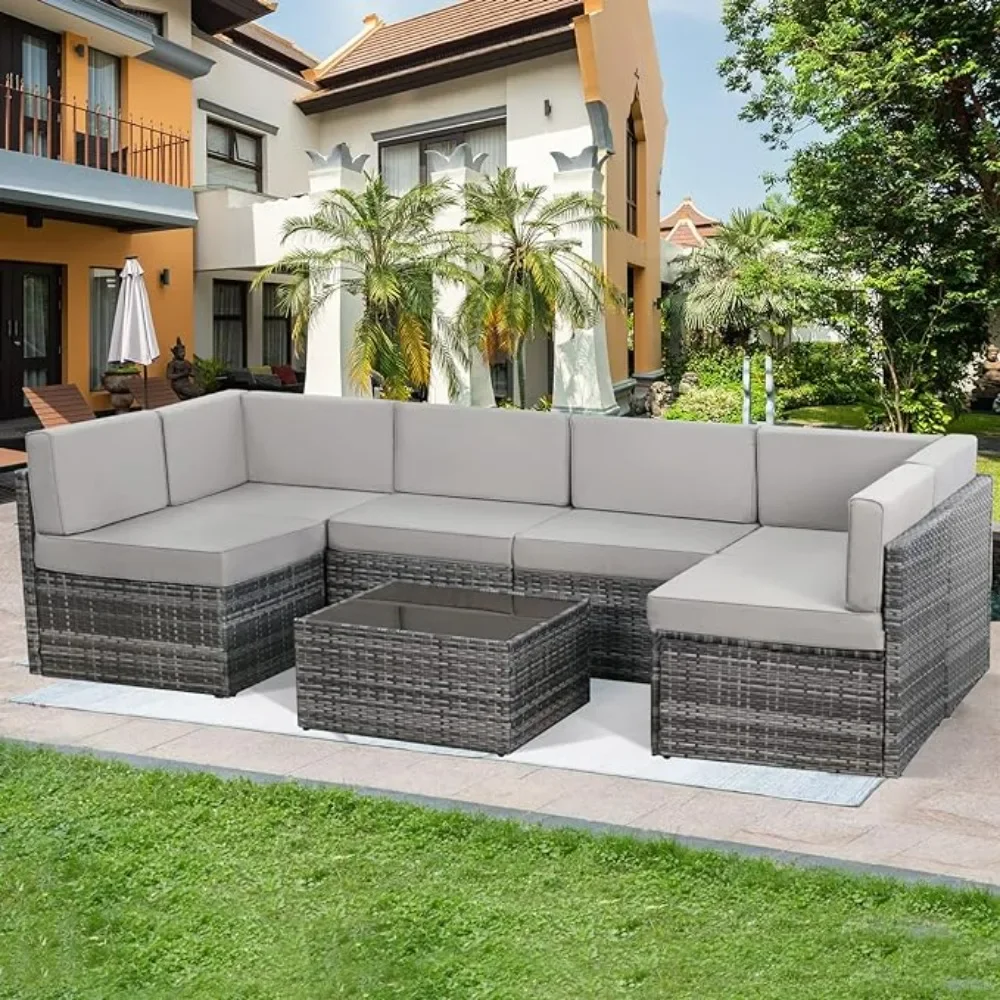 

7 Pieces Patio Furniture Set, Modular Patio Set Wicker Outdoor Sectional Sofa Set PE Rattan Wicker Patio Conversation Set