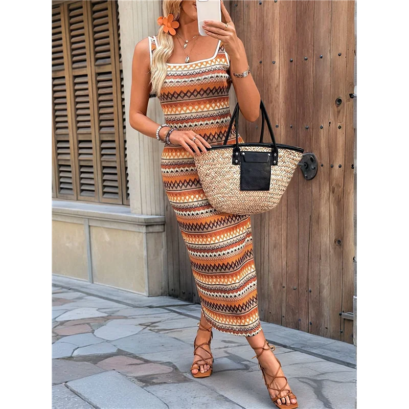 ASDS-Womens 2025 فساتين الصيف رقبة مربعة بدون أكمام تانك مخطط بوهو فستان الشمس فساتين عطلة الشاطئ