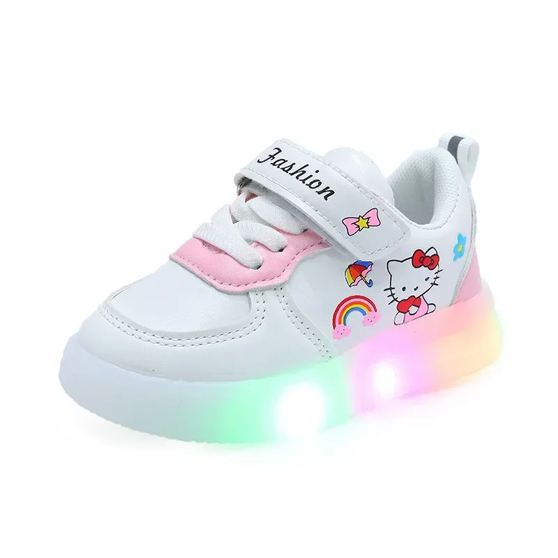 Wiosna jesień dziewczynek Hello Kitty buty z oświetleniem Led dziecięce trampki maluch antypoślizgowe buty do chodzenia dziewczęce buty outdoorowe