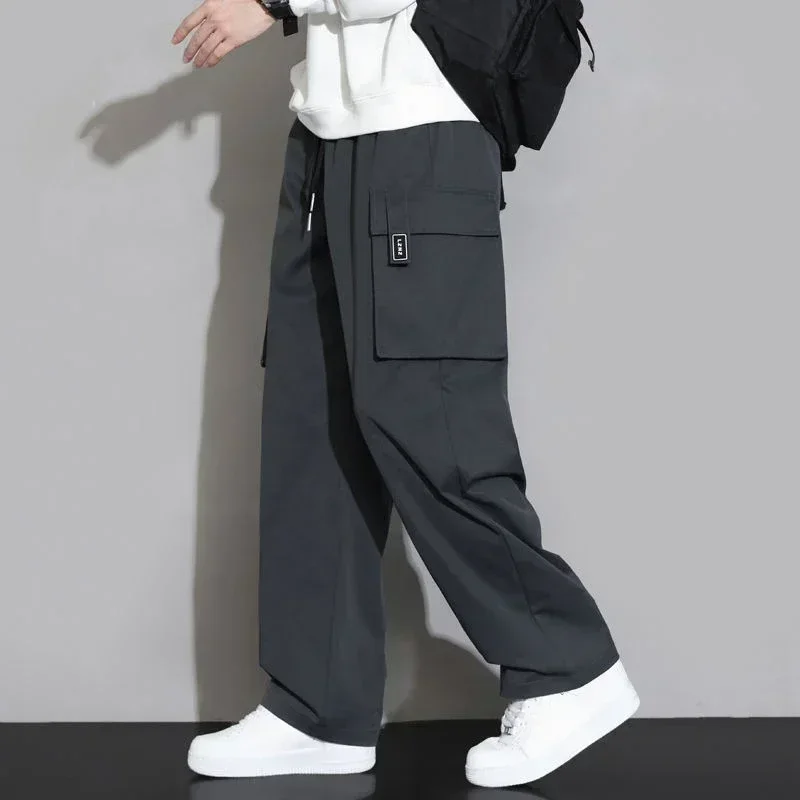 

Trousers Man Black Wide Straight Cargo Pants For Men Fleece-lined Korean Style High Quality Loose Aesthetic With Stylish Hot
