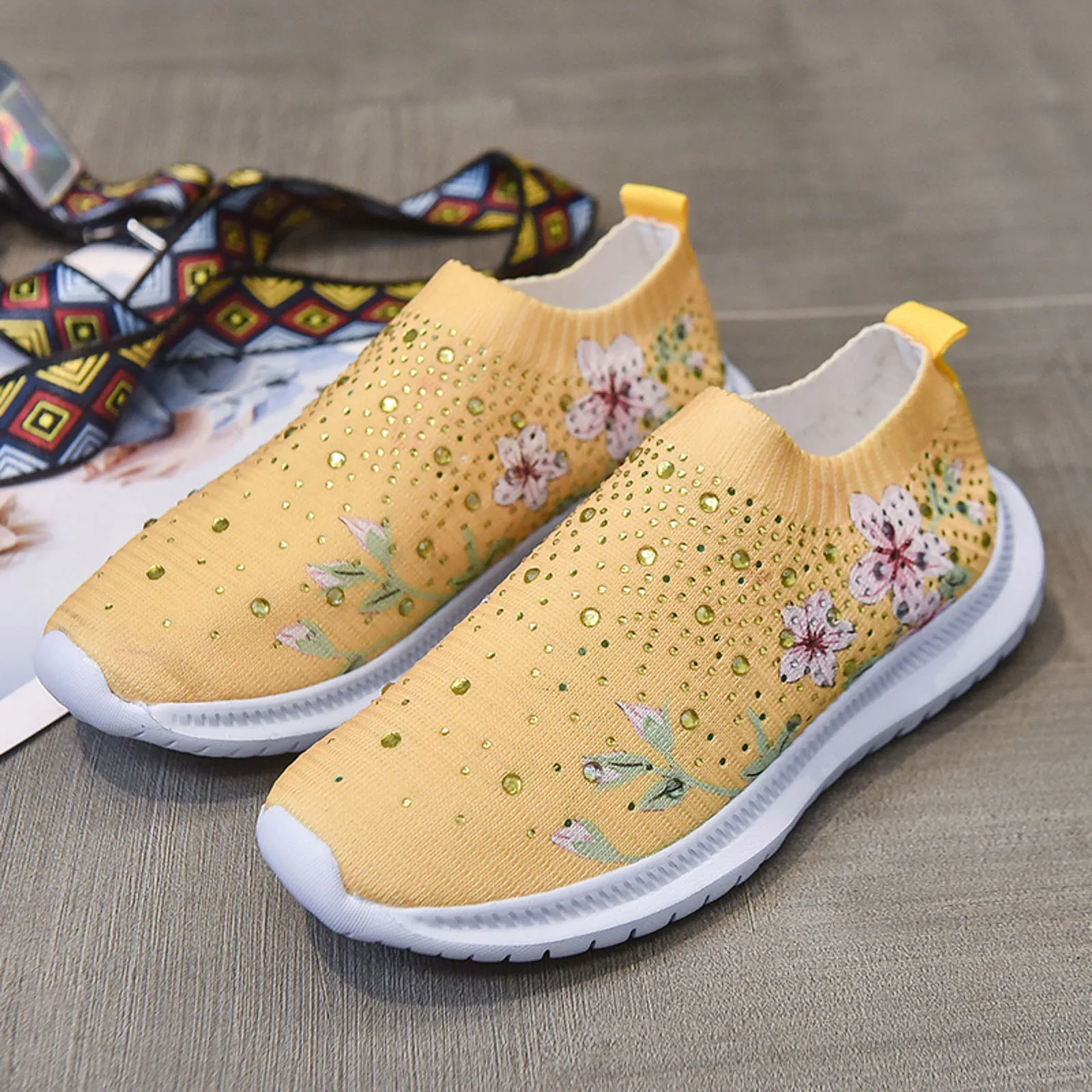 Women Shoes Ladies Rhinestone Flower Print Mesh Sports Socks Shoes Breathable  Mesh Outdoor Gym Running Shoes Tennis Sneakers