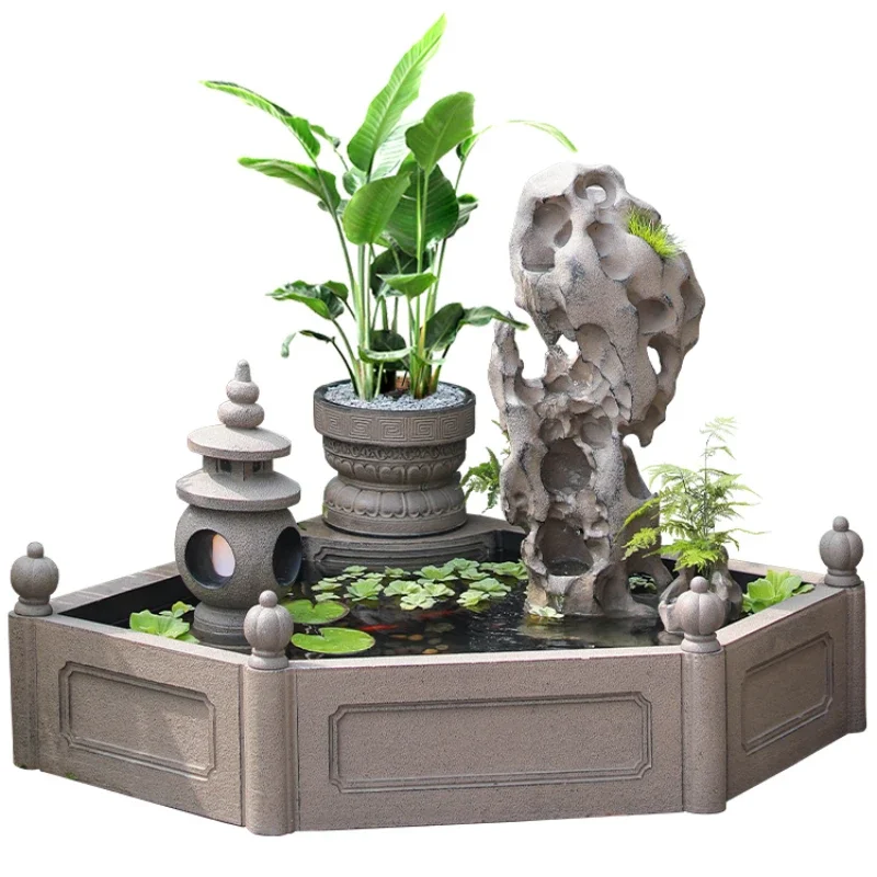 

Garden fish pond landscaping large flowing water ornament garden terrace layout creative rockery fountain landscape