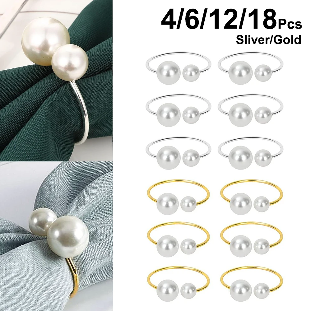 4/6/12/18Pcs Elegant Gold Metal Napkin Rings Sliver Pearl Napkin Ring Holders For Wedding Party Dinner Hotel Table Decoration