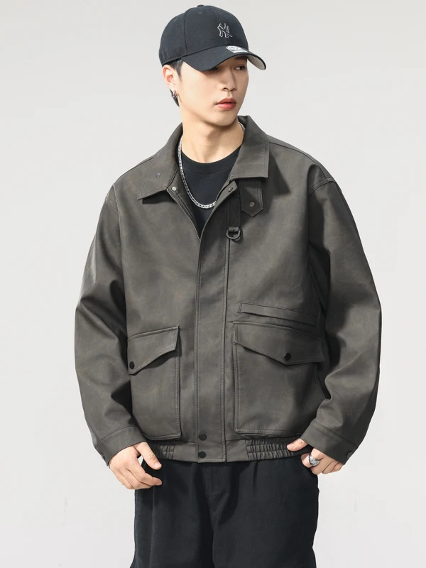 

American Sle Vintage Stand Collar Leather Jaet Men's Loose Multi-ket PU ort Casual Leisure Coat for Autumn Winter