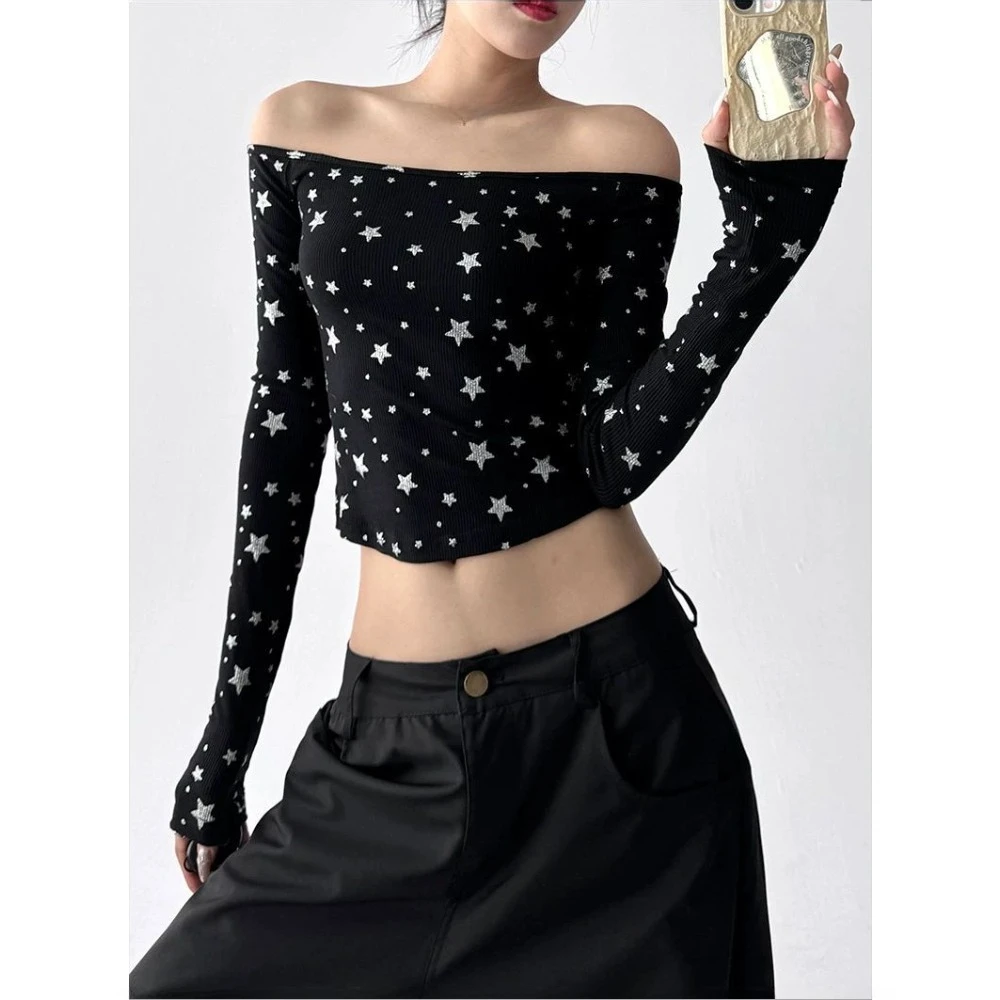 Streetwear Style Star Print Subculture Punk Top 2025 Autumn Women New Slim Tees Y2k High Street Chic Gothic Long Sleeve T-shirt