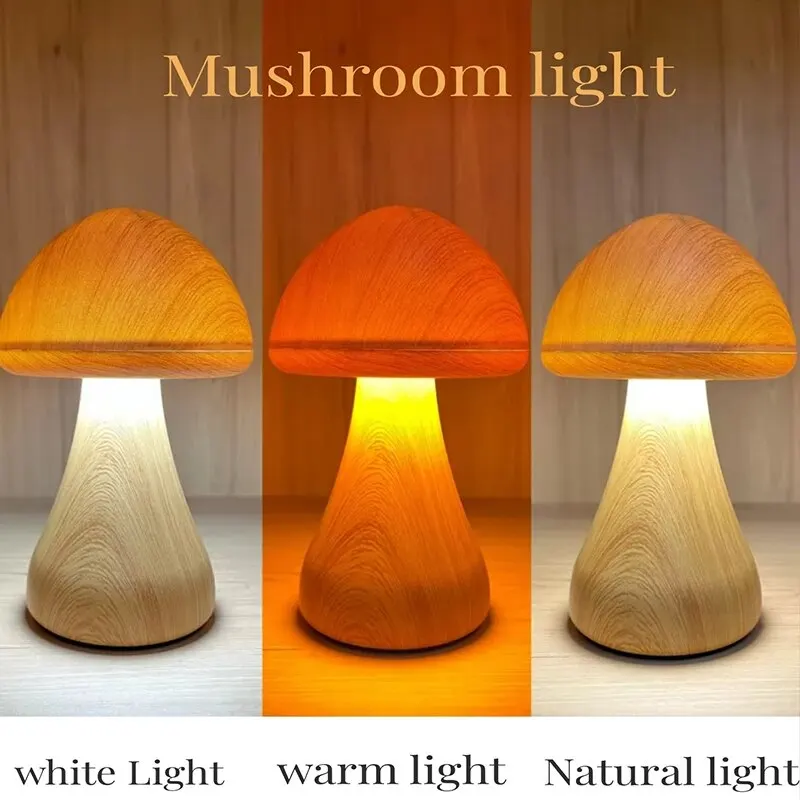 LED Night Light With Touch Switch Wooden Cute Mushroom Bedside Table Lamp For Bedroom Childrens Room Sleeping Night Lamps