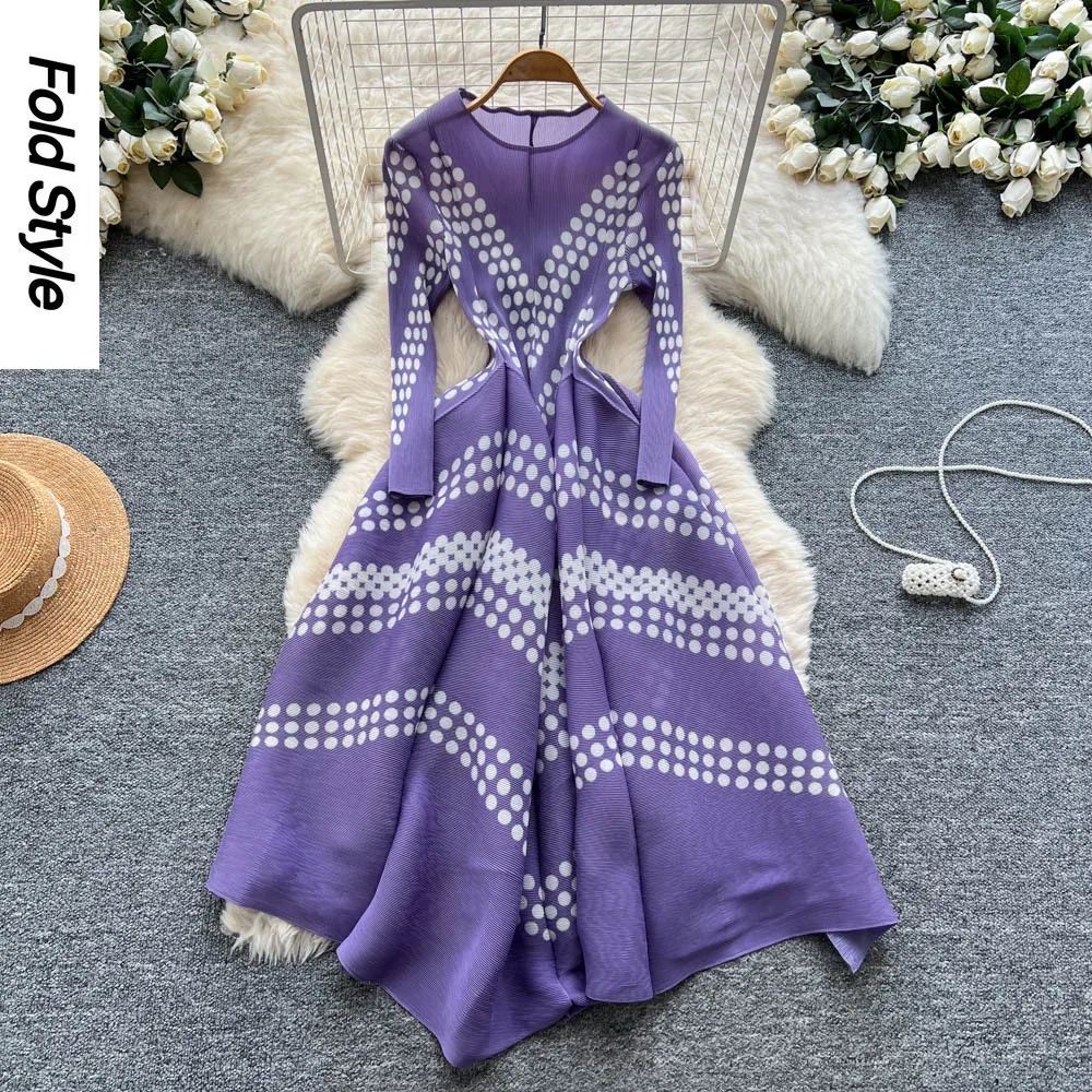 

Miyake Pleated Dress Women's Autumn and Winter Fashion Irregular Printing Waist Temperament Pendulum Pleated Skirt