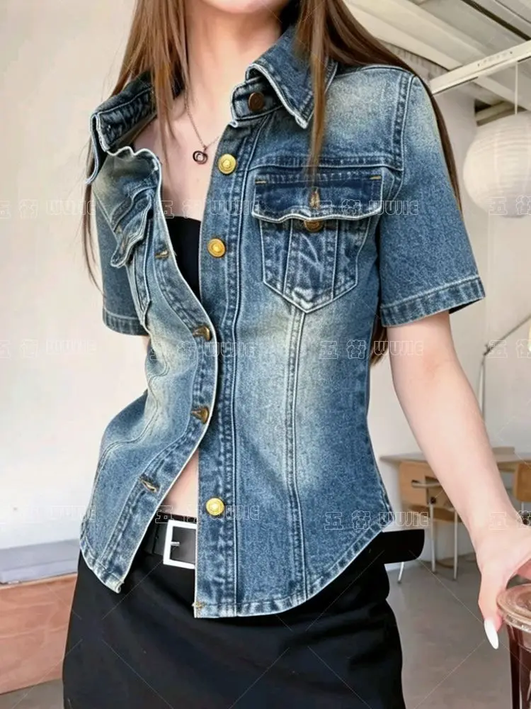 French retro Polo collar short-sleeved denim jacket women's summer 2026 fashion loose single-breasted temperament top