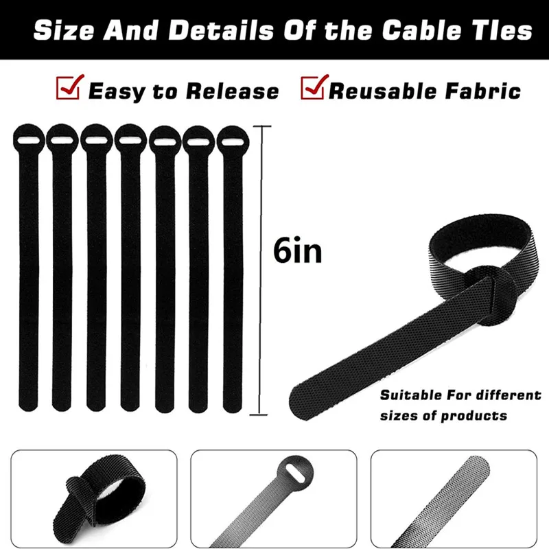 10pcs 14*150mm Cable Straps Reusable Fastening Cable Ties Cable Management MultiPurpose Hook Loop Cord Organizer Wire Ties Black