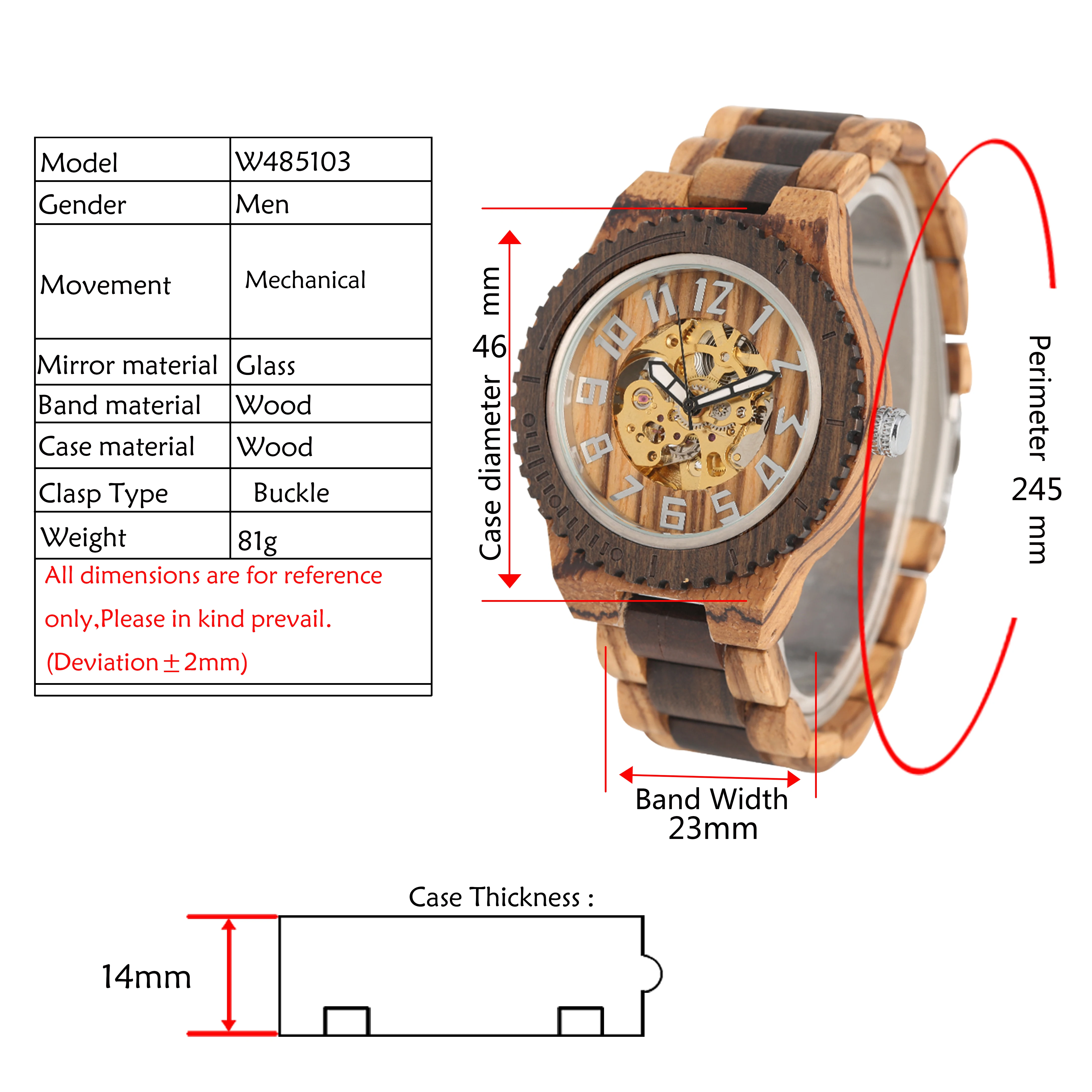 Arabic Numerals Display Automatic Mechanical Wristwatch Full Wooden Bracelet Watchband Folding Clasp Retro Men's Timepiece Gift