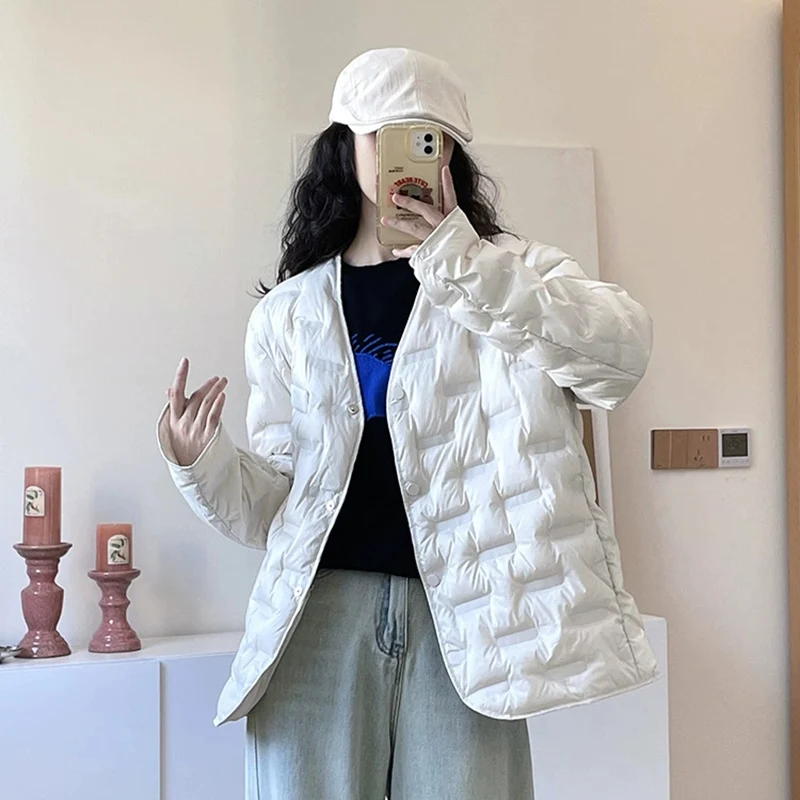 Schinteon Women Lightweight White Duck Down Jacket V-Neck Collar Autumn Winter Outwear Casual Loose Simple Coat 2025 New
