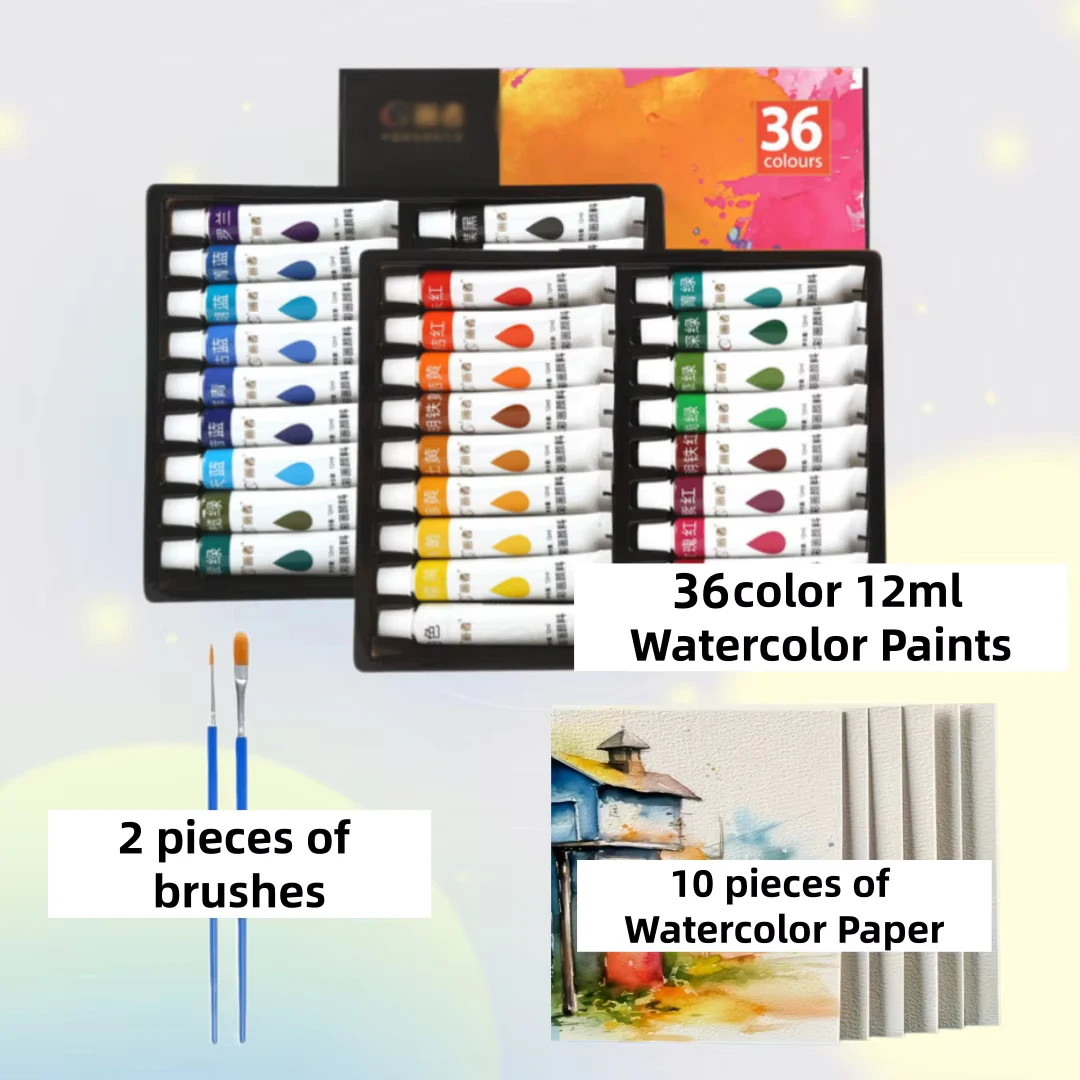 12/18/24/36 Sets Aquarellfarben, Jedes Set enthält 2 ml/0,4 oz, Inklusive 10 Blatt Aquarellpapier und 2 Pinsel