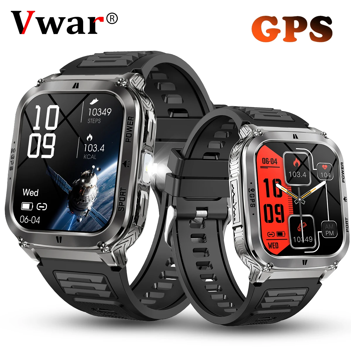

VWAR Tactical GPS Smart Watch with LED Flashlight 30m IP69K Waterproof Rugged Smartwatch Men Built-in GPS Bluetooth Phone Calls