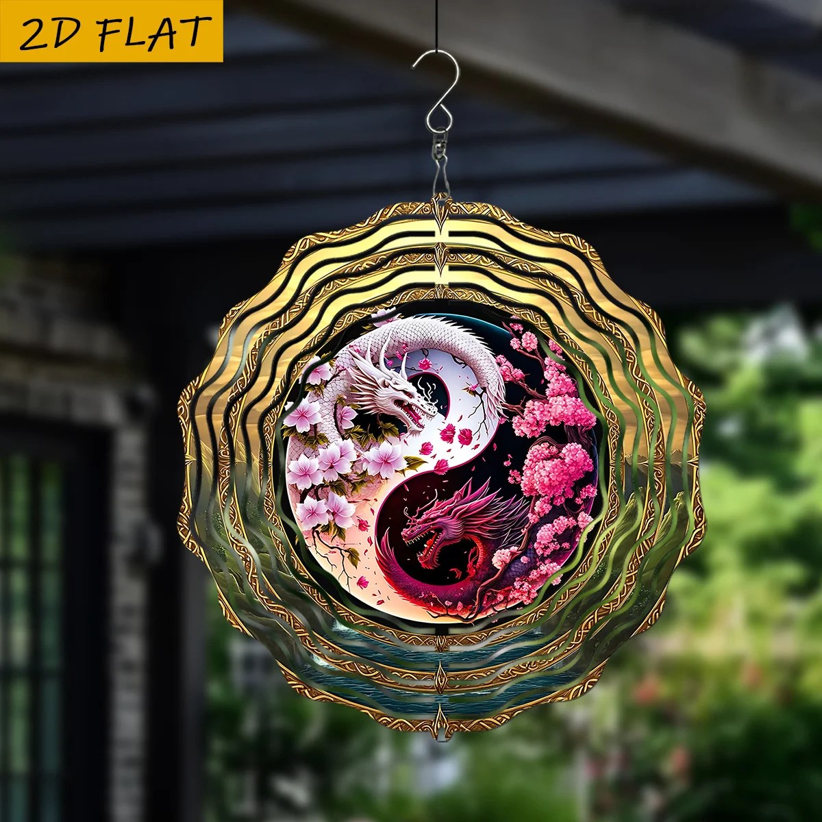 CIFbuy Double-Sided Round Wind Chime Hanging Tree Ornament Yin Yang Dragon Sakura Pattern Indoor Outdoor Decorative Garden Hangi