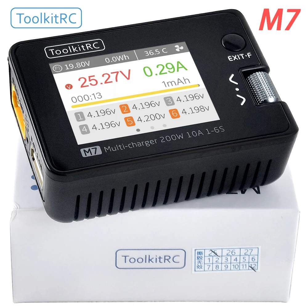 ToolkitRC M7 Ladegerät, DC 200W 10A, Intelligente Entladungsfunktion für Lithium-Batterien, 1S 2S 3S 4S 5S 6S, Server, ESC-Empfänger-Erkennung, IPS, Ferngesteuertes Modellauto, Boot, Flugzeug,
