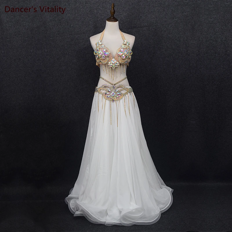 Belly Dance New Performance Costume Sexy Double Split Long Skirt Nude Flash Diamond Suit High-end Custom Summer