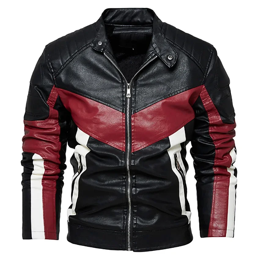 

Men Leather Jacket Autumn Winter Thicken Contrast Color Male Outerwear Motorcycle Punk Stand Collar Long Sleeve Man Coat