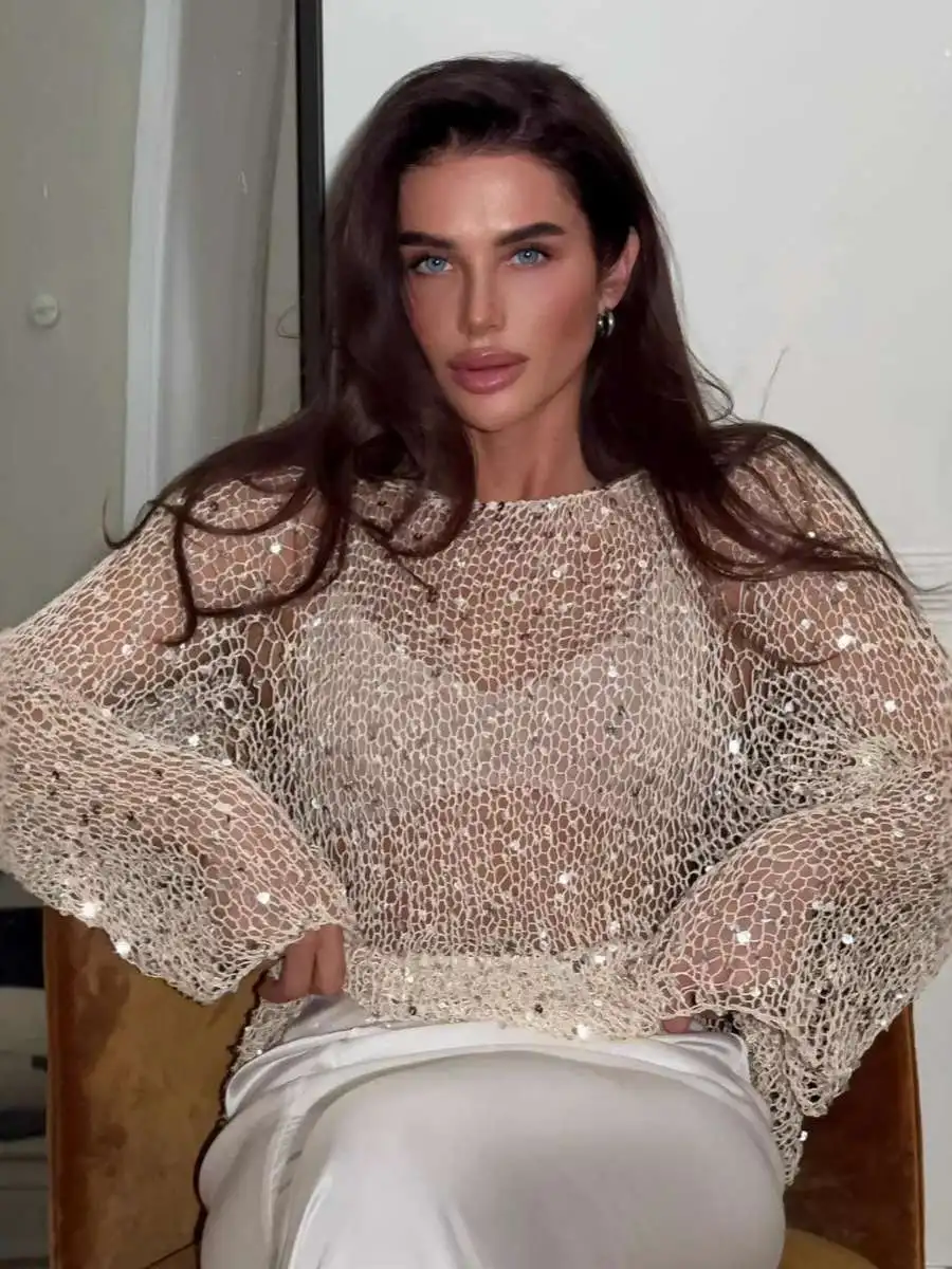 Summer New Fashion Sequin Knitted Hollow out Loose Sweater Sexy Top for Women Cross-Border Long Sleeve T-Shirt Sexy Style