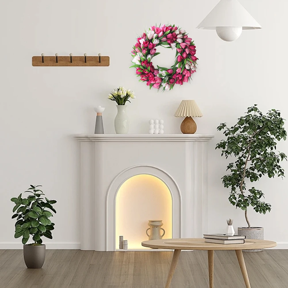 Wieniec kwiatowy z tulipanami o średnicy 40 cm na drzwi wejściowe, wieńce walentynkowe, sztuczne dekoracje na Dzień Matki, na ścianę, okno, imprezę, wesele.