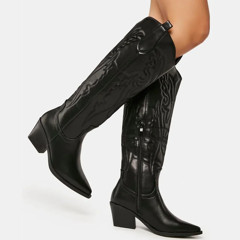 Winter Large Size 43 In Stock for Dropship Vintage Knee High Cowgirls Black Western Boots Shoes Zip up White Cowboy Boots Women