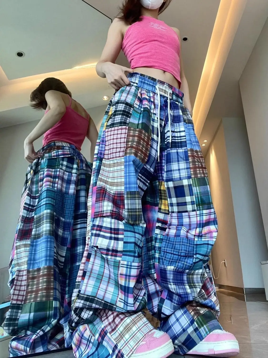 New design sense niche American retro color checkered wide-leg pants women's versatile checkered floor-length pants