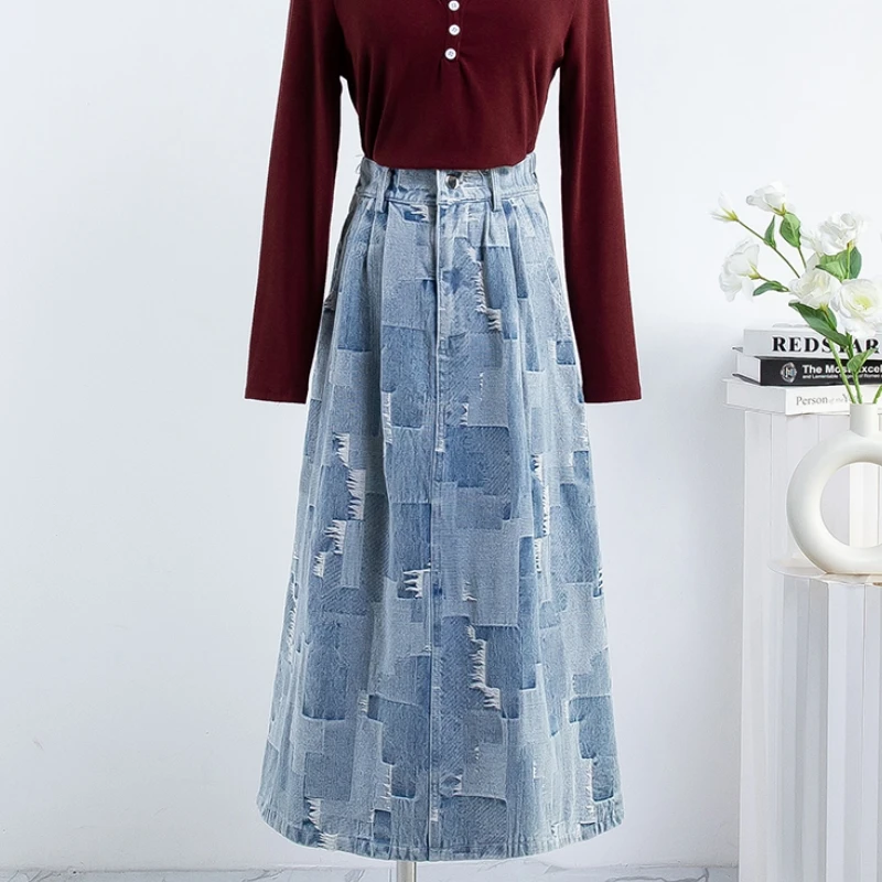 

Cotton Denim Skirts Women Tassel Spring Autumn Vintage High Waisted Jean Skirt A-Line Ruffle Maxi Midi Long Skirt Plus Size 3XL