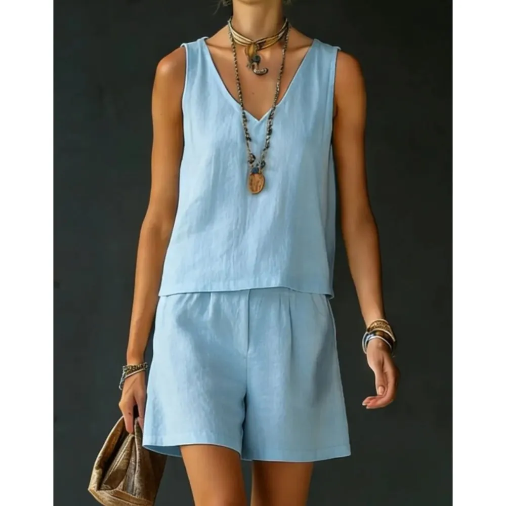 

Summer New Cotton Linen Casual Vest Shorts 2-piece Set Fashion Simple Sleeveless Top Women's Vacation Daily Shorts Set 2026