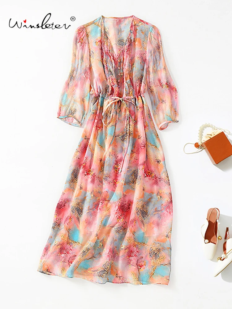 Winsleter-Vestido feminino elegante 100% seda real, meia manga com decote em V estampa floral, vestidos com babados franceses, novo verão 2025 D58267CC