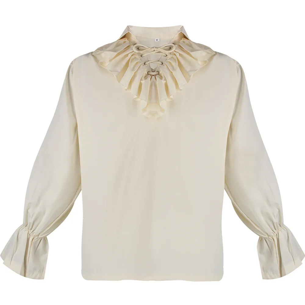 Medieval Style Men's Pure Color Shirt Puffy Sleeve Folded Collar Vintage Top Cosplay Costume Summer New Arrival