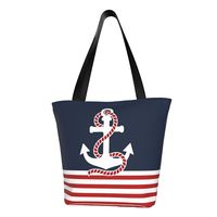 Custom Nautical Stripes And Red Anchor Canvas Shopping Bag Women Recycling Grocery Sailing Sailor Tote Shopper Bags