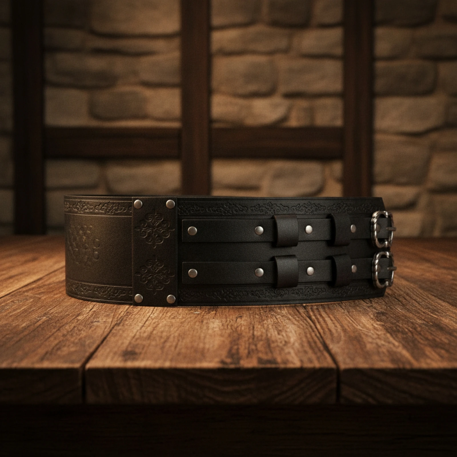 Embossed Belt with Metal Hardware Adjustable Leather Belt with Double Buckle Wide-Waist Black for Cosplayers