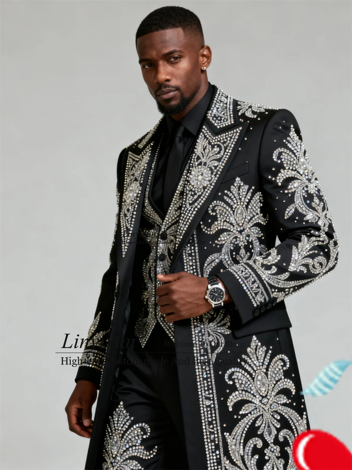 

High End Jewel Crystal Men Suits 3 Piece Sets Wedding Groom Tuxedo Long Coats Male Prom Blazers Customized Slim Costume Homme