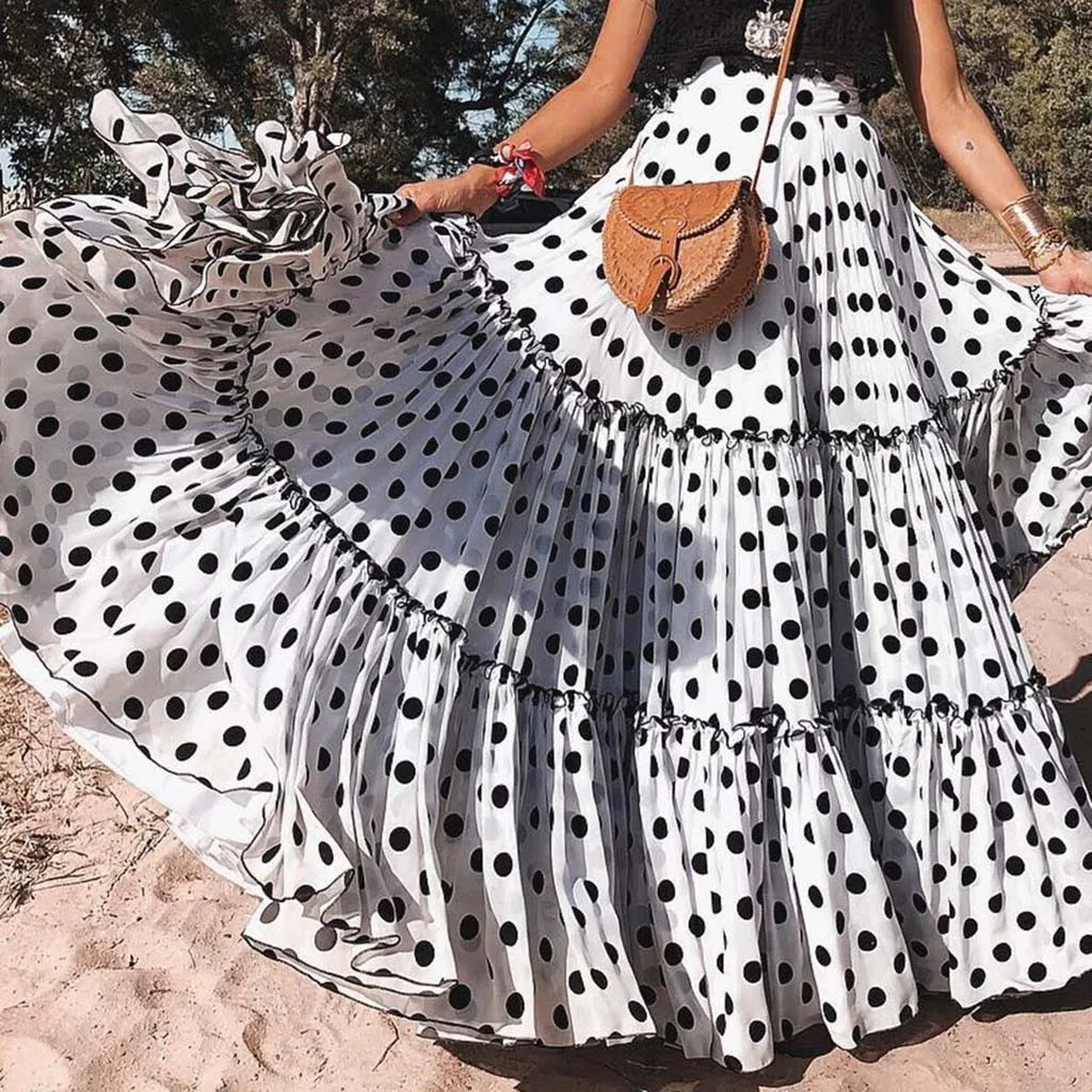 Women Fashion High Waist Polka Dot Printed Swing Boho Skirt Summer New Elegant Loose Ruffled Pleated Skirt Female Beach Skirts