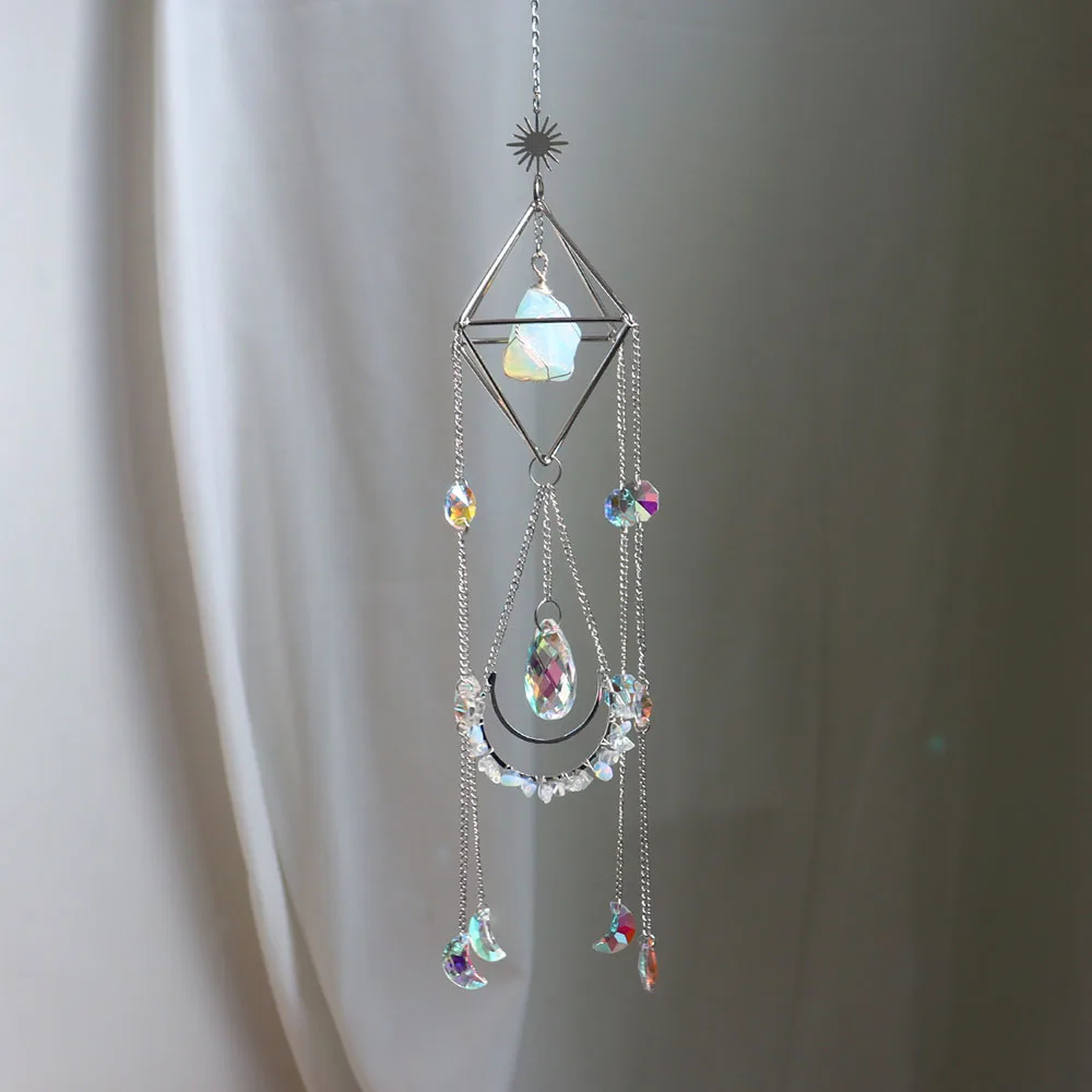 Custom Silver Geometric Frame Raw Opal Stone Crystal Sun Catcher - Glass Pendants Hanging Ornament for Window Decor