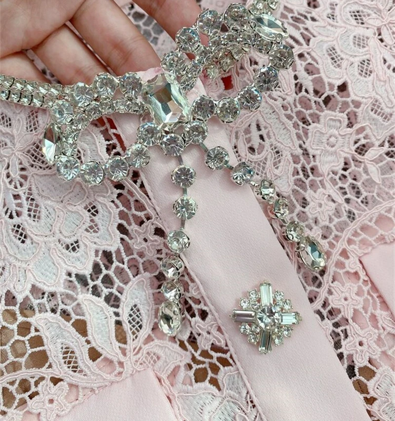 High Quality 2026 Autumn New Women Lace Midi Dress Diamonds Bow Pink Floral Cry… - Image 4
