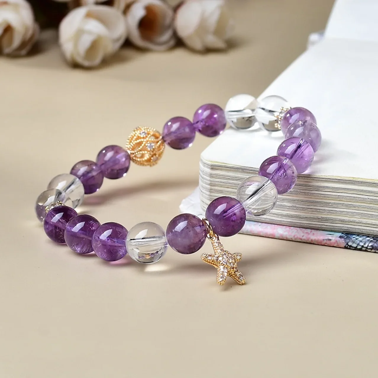 

Natural Amethyst White Crystal Star Transfer Bead Bracelet Women's Fashion Lucky Bracelet, Gift