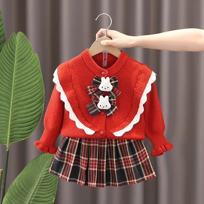 Autumn Winter Toddler Girl Two Piece Clothes Set Knotbow Red Sweater Cardigan Suit Knitted Plaid Pleated Skirts Baby Girl Outfit