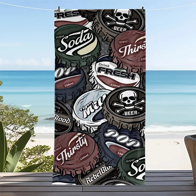 Unique bottle cap printing design polyester microfiber beach towel is highly absorbent, suitable for swimming and beach outings