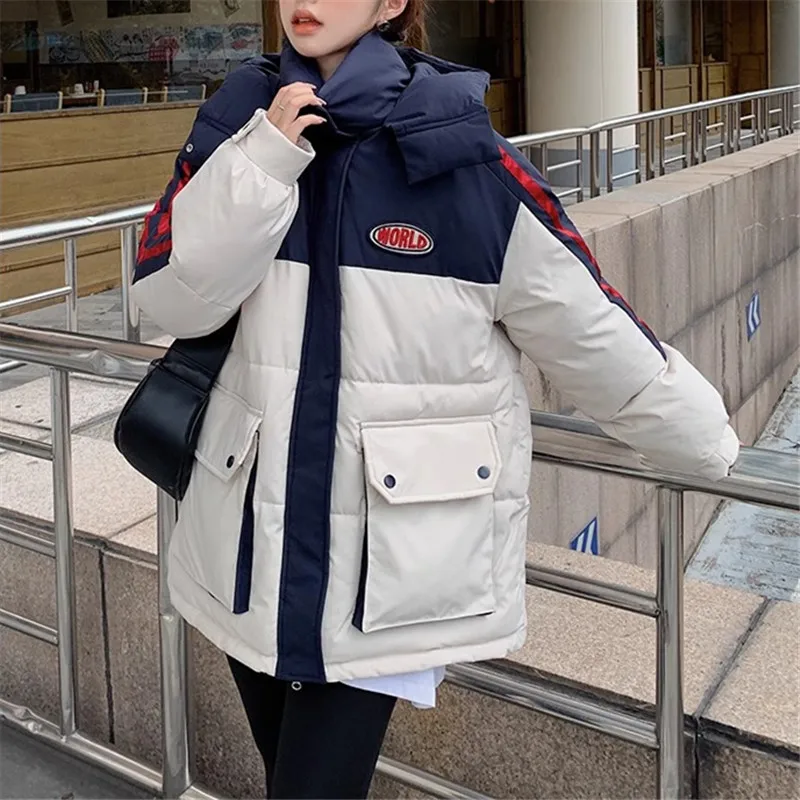 Hooded Down Jacket Female Patchwork Fashion Casual Winter Jacket Women Pocket Loose Spliced Down Cotton Coat Thick Warm Parka