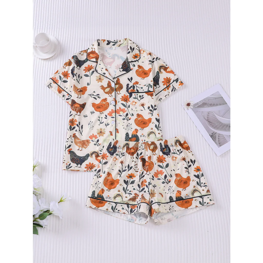 

Farm Themed Pajamas with Hen Animals Print Lapel Short Sleeve Shorts Loungewear Home Wear Set for Women Valentine's Day Gifts